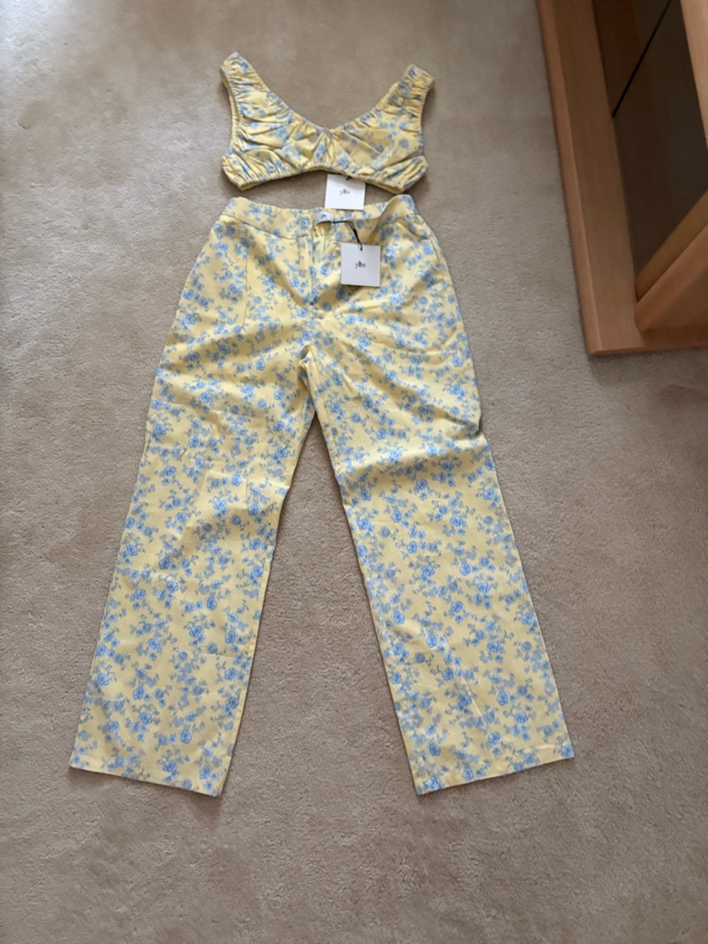 Yellow Floral Two-Piece Set with Blue Rose Print